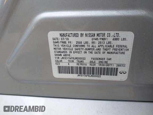 2020 Infiniti Q50 Luxe with VIN JN1EV7AP6LM200022, listed as a IAAI auction lot 41943630 with 44,819 mi miles and . Bid and sale history available at DreamBid. Image 9.
