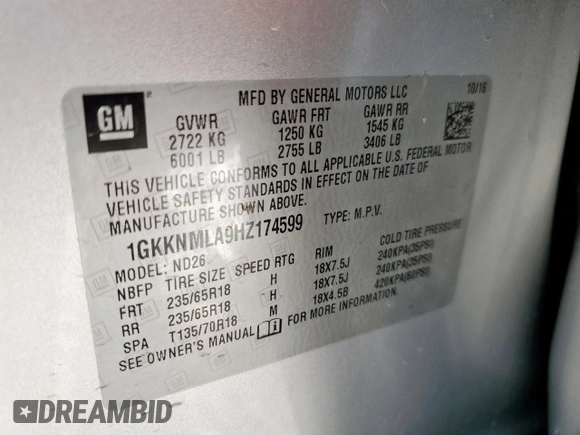 2017 GMC Acadia SLT with VIN 1GKKNMLA9HZ174599, listed as a Copart auction lot 57451625 with 81,248 mi miles and Salvage title. Bid and sale history available at DreamBid. Image 14.