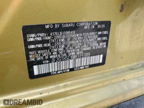 2021 Subaru Crosstrek Special Sports with VIN JF2GTHSCXMH315389, listed as a Copart auction lot 55038895 with Not provided miles and Salvage title. Bid and sale history available at DreamBid. Image 13.