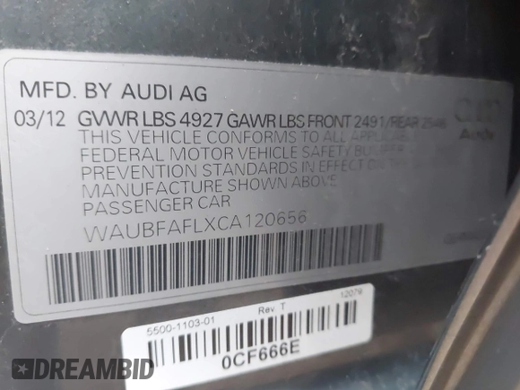 2012 Audi A4 Premium with VIN WAUBFAFLXCA120656, listed as a IAAI auction lot 42024150 with 151,192 mi miles and . Bid and sale history available at DreamBid. Image 9.