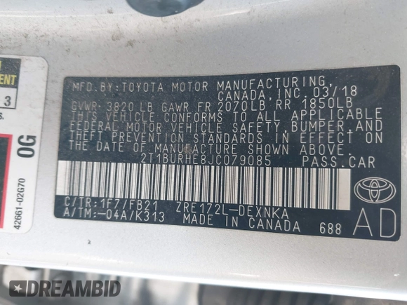 2018 Toyota Corolla L with VIN 2T1BURHE8JC079085, listed as a IAAI auction lot 42495026 with 376,657 mi miles and . Bid and sale history available at DreamBid. Image 9.