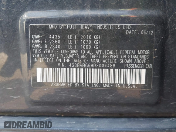 2013 Subaru Legacy Special Sports with VIN 4S3BMBG69D3004488, listed as a IAAI auction lot 41981706 with 164,322 mi miles and . Bid and sale history available at DreamBid. Image 9.