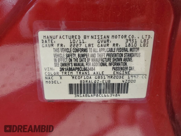 2012 Nissan Sentra SL with VIN 3N1AB6AP8CL663484, listed as a Copart auction lot 56999245 with 82,961 mi miles and Salvage title. Bid and sale history available at DreamBid. Image 12.