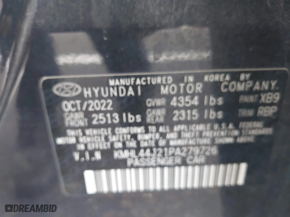 2023 Hyundai Sonata SEL Plus with VIN KMHL44J21PA279726, listed as a IAAI auction lot 41915491 with 52,834 mi miles. Bid and sale history available at carsss.com. Image 9.