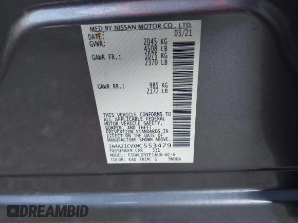 2021 Nissan LEAF SV with VIN 1N4AZ1CVXMC553479, listed as a IAAI auction lot 41452391 with 42,820 mi miles and . Bid and sale history available at DreamBid. Image 9.