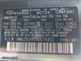 2016 Hyundai Tucson SE with VIN KM8J3CA43GU074302, listed as a IAAI auction lot 41957992 with 175,614 mi miles. Bid and sale history available at carsss.com. Image 9.
