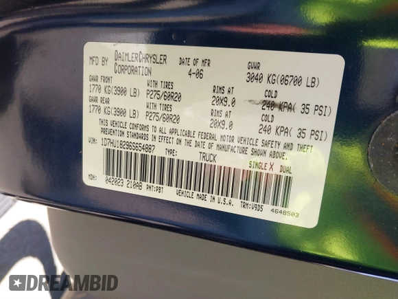 2006 Dodge 1500 SLT with VIN 1D7HU18296S654887, listed as a IAAI auction lot 40887874 with Not Provided miles. Bid and sale history available at carsss.com. Image 9.