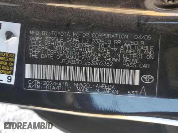 2005 Toyota Prius z VIN JTDKB20U253062362, wystawiony jako Copart lot #85383824 z przebiegiem 137 694 mil mil oraz Szkoda całkowita • Salvage title. Historia ofert i sprzedaży dostępna na DreamBid. Obrazek 12.