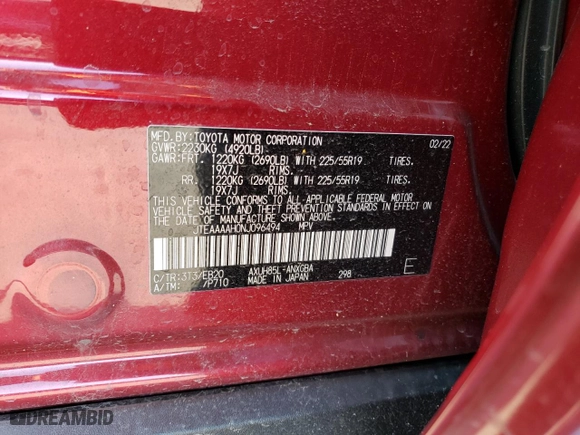 2022 Toyota Venza LE with VIN JTEAAAAH0NJ096494, listed as a Copart auction lot 36761493 with 10,228 mi miles. Bid and sale history available at carsss.com. Image 15.