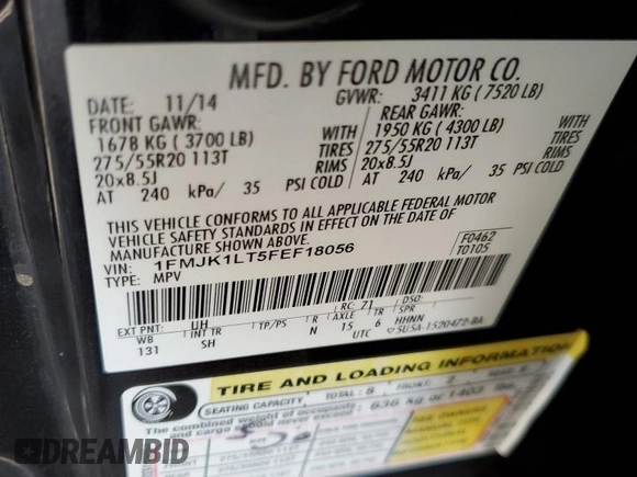 2015 Ford Expedition EL Platinum with VIN 1FMJK1LT5FEF18056, listed as a Copart auction lot 85509714 with 156,219 mi miles and Salvage Title. Bid and sale history available at carsss.com. Image 13.