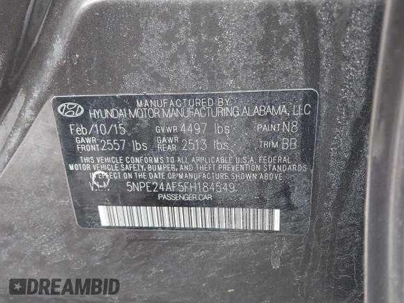 2015 Hyundai Sonata SE z VIN 5NPE24AF5FH184549, wystawiony jako IAAI lot #41132530 z przebiegiem 123 031 mil mil oraz . Historia ofert i sprzedaży dostępna na DreamBid. Obrazek 9.