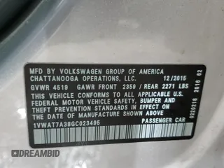 2016 Volkswagen Passat 1.8T S with VIN 1VWAT7A38GC023495, listed as a Copart auction lot 85768434 with 59,872 mi miles and Salvage Title. Bid and sale history available at carsss.com. Image 14.