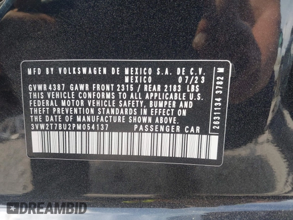 2023 Volkswagen Jetta GLI Autobahn z VIN 3VW2T7BU2PM054137, wystawiony jako IAAI lot #42029063 z przebiegiem 17 456 mil mil oraz . Historia ofert i sprzedaży dostępna na DreamBid. Obrazek 9.