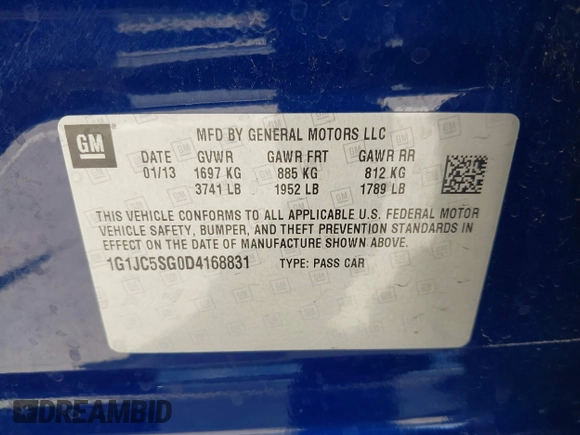 2013 Chevrolet Sonic LT with VIN 1G1JC5SG0D4168831, listed as a IAAI auction lot 42124531 with 149,096 mi miles and . Bid and sale history available at DreamBid. Image 9.
