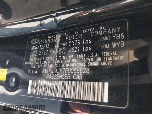 2015 Hyundai Genesis 3.8L with VIN KMHGN4JE7FU089628, listed as a IAAI auction lot 41909334 with 212,262 mi miles. Bid and sale history available at carsss.com. Image 9.