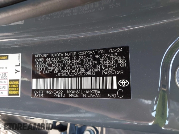 2024 Toyota Prius SE z VIN JTDACACU9R3022803, wystawiony jako IAAI lot #41899408 z przebiegiem 4 374 mil mil oraz . Historia ofert i sprzedaży dostępna na DreamBid. Obrazek 9.