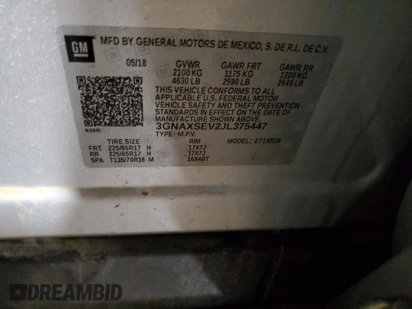 2018 Chevrolet Equinox LT with VIN 3GNAXSEV2JL375447, listed as a Copart auction lot 47615615 with 72,676 mi miles and Salvage Title. Bid and sale history available at carsss.com. Image 13.