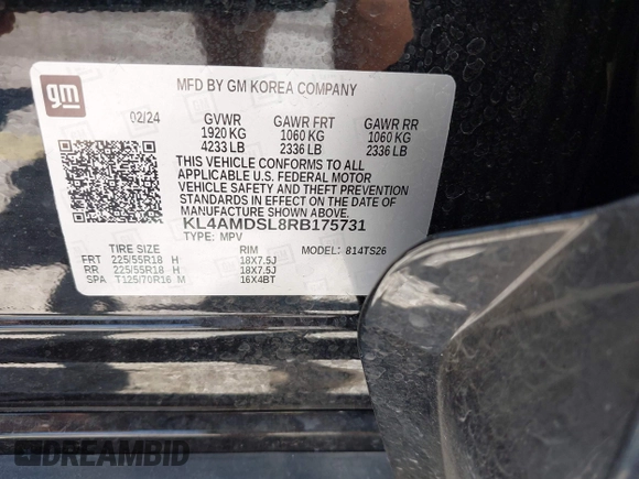 2024 Buick Encore GX Sport Touring with VIN KL4AMDSL8RB175731, listed as a IAAI auction lot 42291608 with 23,566 mi miles and . Bid and sale history available at DreamBid. Image 9.