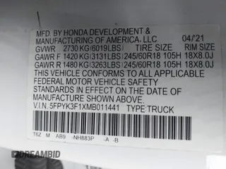 2021 Honda Ridgeline Sport with VIN 5FPYK3F1XMB011441, listed as a IAAI auction lot 41315524 with 59,840 mi miles and . Bid and sale history available at DreamBid. Image 9.