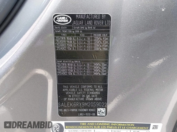 2021 Land Rover Defender with VIN SALEK6RX9M2059022, listed as a IAAI auction lot 42396995 with 53,015 mi miles and . Bid and sale history available at DreamBid. Image 9.