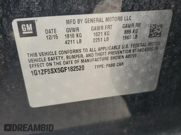 2016 Chevrolet Malibu LT with VIN 1G1ZF5SX5GF182520, listed as a Copart auction lot 48720775 with 121,186 mi miles and Salvage Title. Bid and sale history available at DreamBid. Image 12.