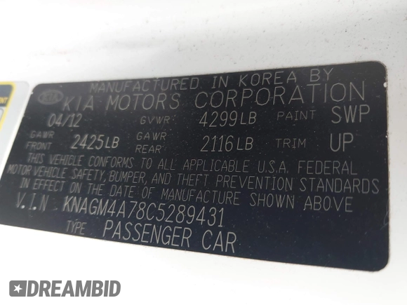 2012 Kia Optima LX with VIN KNAGM4A78C5289431, listed as a IAAI auction lot 42026917 with 148,867 mi miles and . Bid and sale history available at carsss.com. Image 9.