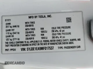 2021 Tesla Model 3 Standard Range Plus z VIN 5YJ3E1EA9MF017537, wystawiony jako Copart lot #55421165 z przebiegiem 40 681 mil mil oraz Szkoda całkowita • Salvage title. Historia ofert i sprzedaży dostępna na DreamBid. Obrazek 12.