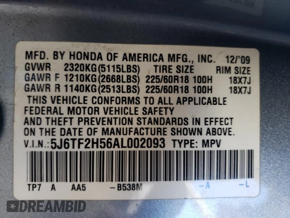 2010 Honda Accord Crosstour EX-L with VIN 5J6TF2H56AL002093, listed as a Copart auction lot 73587784 with 201,237 mi miles and Salvage Title. Bid and sale history available at carsss.com. Image 14.