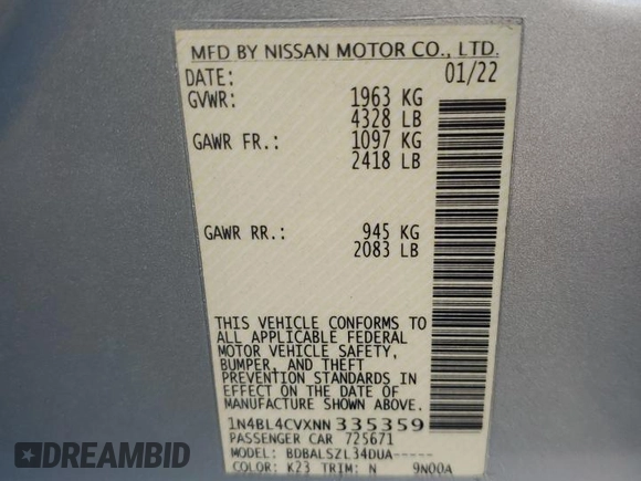 2022 Nissan Altima SR with VIN 1N4BL4CVXNN335359, listed as a Copart auction lot 85569084 with 108,461 mi miles and Salvage Title. Bid and sale history available at DreamBid. Image 14.
