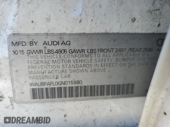2016 Audi A4 Premium with VIN WAUBFAFL0GN015980, listed as a Copart auction lot 87411934 with 71,529 mi miles and Salvage Title. Bid and sale history available at carsss.com. Image 13.