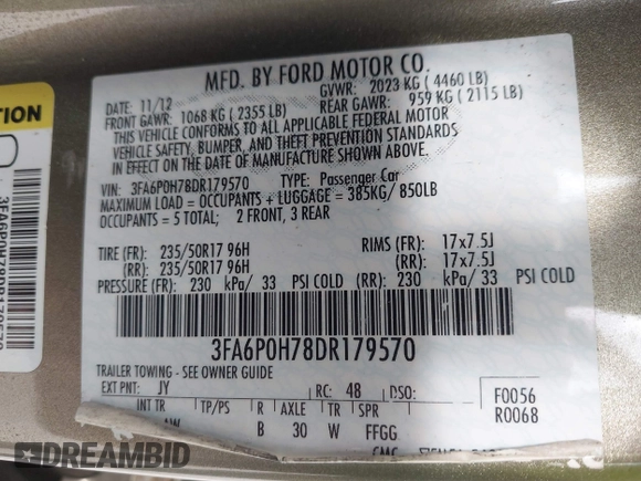 2013 Ford Fusion SE with VIN 3FA6P0H78DR179570, listed as a IAAI auction lot 42515541 with 164,475 mi miles and . Bid and sale history available at DreamBid. Image 9.