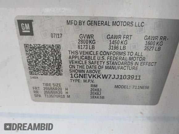 2018 Chevrolet Traverse High Country с VIN 1GNEVKKW7JJ103911, выставлен на аукционе IAAI как лот 42380079 с пробегом 134 327 миль миль и . История ставок и продаж доступна на DreamBid. Изображение 9.