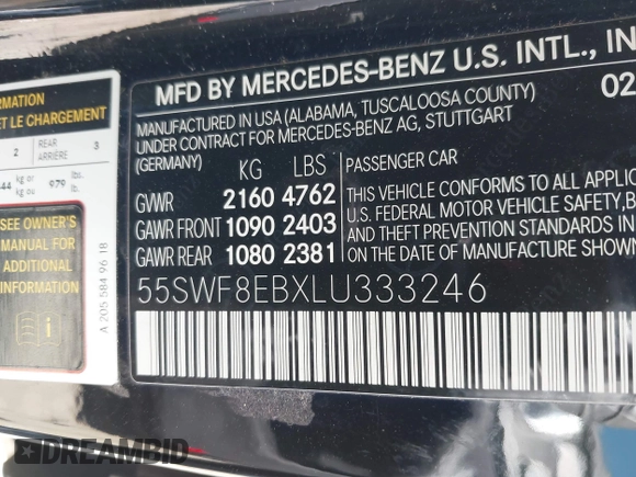 2020 Mercedes-Benz C 300 with VIN 55SWF8EBXLU333246, listed as a IAAI auction lot 41694582 with 28,685 mi miles and . Bid and sale history available at DreamBid. Image 9.