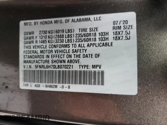 2020 Honda Odyssey EX-L with VIN 5FNRL6H70LB070221, listed as a Copart auction lot 84166514 with Not Provided miles and Salvage Title. Bid and sale history available at carsss.com. Image 13.