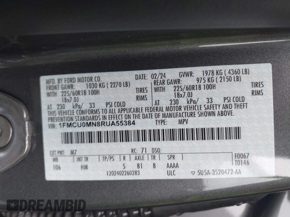 2024 Ford Escape ST-Line with VIN 1FMCU0MN8RUA55384, listed as a IAAI auction lot 41893426 with 5,650 mi miles and . Bid and sale history available at DreamBid. Image 9.