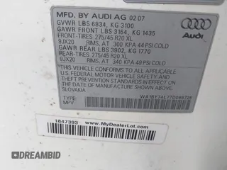 2007 Audi Q7 Premium with VIN WA1BY74L77D086726, listed as a IAAI auction lot 41726469 with 227,991 mi miles and . Bid and sale history available at DreamBid. Image 9.