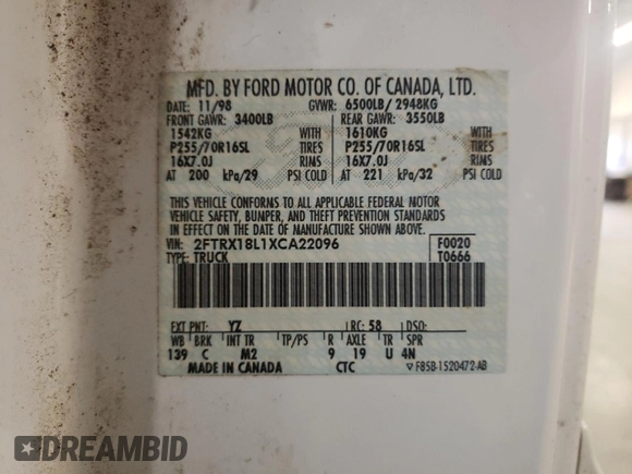 1999 Ford F-150 XL with VIN 2FTRX18L1XCA22096, listed as a Copart auction lot 52402885 with 120,254 mi miles and Salvage Title. Bid and sale history available at carsss.com. Image 12.