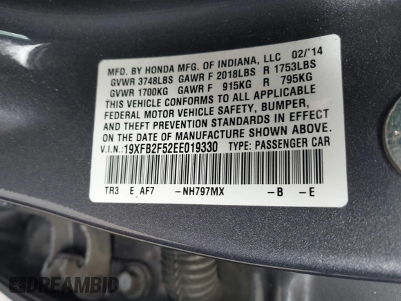 2014 Honda Civic Sedan LX with VIN 19XFB2F52EE019330, listed as a IAAI auction lot 40557827 with 169,656 mi miles. Bid and sale history available at carsss.com. Image 9.