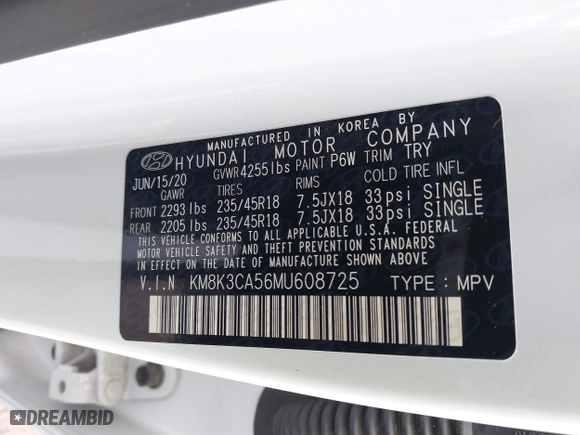 2021 Hyundai Kona Limited with VIN KM8K3CA56MU608725, listed as a IAAI auction lot 40941605 with 32,464 mi miles. Bid and sale history available at carsss.com. Image 9.