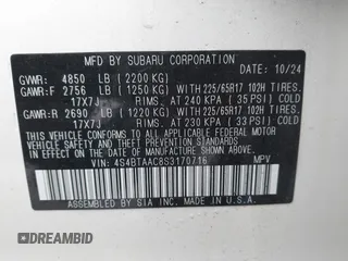 2025 Subaru Outback z VIN 4S4BTAAC8S3170716, wystawiony jako IAAI lot #41979170 z przebiegiem 2 783 mil mil oraz . Historia ofert i sprzedaży dostępna na DreamBid. Obrazek 9.