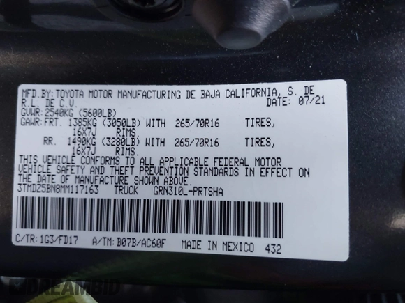 2021 Toyota Tacoma SR5 z VIN 3TMDZ5BN8MM117163, wystawiony jako IAAI lot #42070540 z przebiegiem 12 790 mil mil oraz . Historia ofert i sprzedaży dostępna na DreamBid. Obrazek 9.