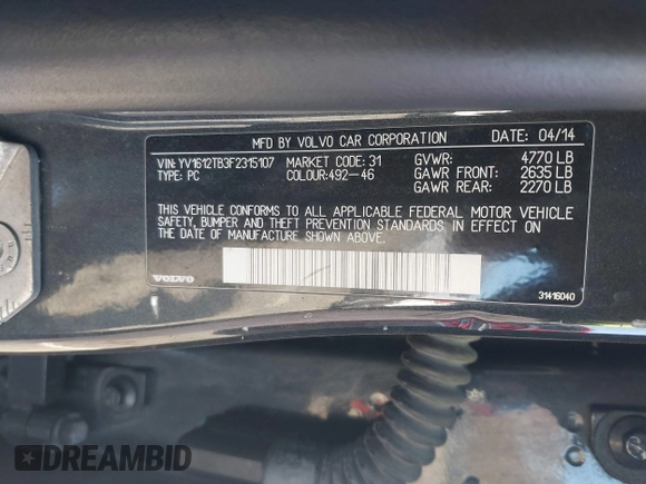 2015 Volvo S60 T5 Premier with VIN YV1612TB3F2315107, listed as a IAAI auction lot 41911081 with 121,149 mi miles. Bid and sale history available at carsss.com. Image 9.