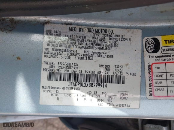 2011 Ford Fusion Hybrid with VIN 3FADP0L3XBR299914, listed as a IAAI auction lot 41659161 with 169,448 mi miles. Bid and sale history available at carsss.com. Image 9.