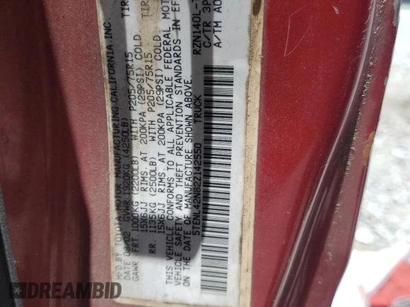 2002 Toyota Tacoma z VIN 5TENL42N82Z142550, wystawiony jako Copart lot #58153195 z przebiegiem 266 617 mil mil oraz Nie do naprawy • Non repairable. Historia ofert i sprzedaży dostępna na DreamBid. Obrazek 12.