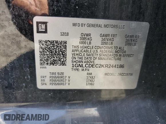 2019 Chevrolet Tahoe Commercial with VIN 1GNLCDEC2KR244186, listed as a Copart auction lot 61258355 with 161,858 mi miles and Clean title. Bid and sale history available at DreamBid. Image 14.