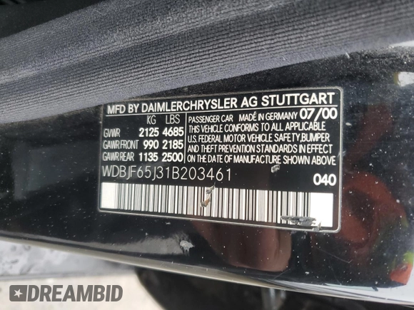 2001 Mercedes-Benz E-Class with VIN WDBJF65J31B203461, listed as a Copart auction lot 44416005 with 179,335 mi miles and Salvage Title. Bid and sale history available at carsss.com. Image 12.