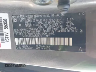 2013 Toyota Sienna L with VIN 5TDZK3DC1DS400675, listed as a IAAI auction lot 42053231 with 85,070 mi miles. Bid and sale history available at carsss.com. Image 9.