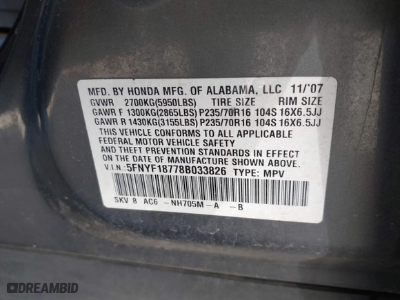 2008 Honda Pilot EX-L with VIN 5FNYF18778B033826, listed as a IAAI auction lot 41836242 with 230,195 mi miles. Bid and sale history available at carsss.com. Image 9.