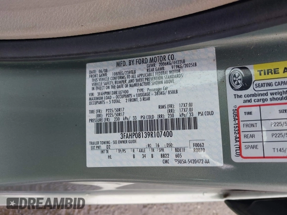 2009 Ford Fusion SEL with VIN 3FAHP08139R107400, listed as a IAAI auction lot 42045542 with 44,874 mi miles. Bid and sale history available at carsss.com. Image 9.