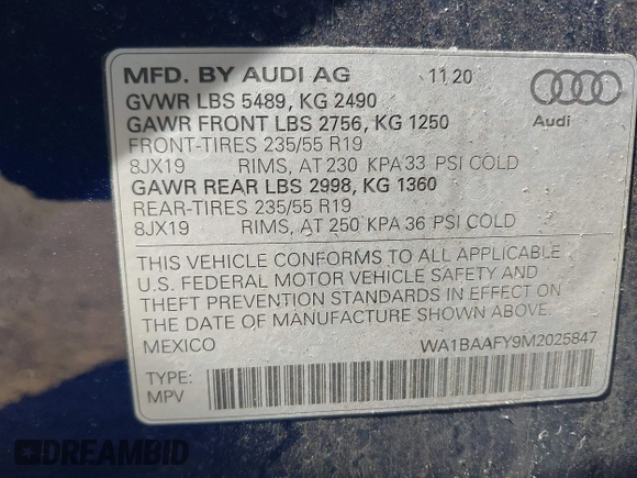 2021 Audi Q5 Premium Plus with VIN WA1BAAFY9M2025847, listed as a IAAI auction lot 42094549 with 101,517 mi miles and . Bid and sale history available at DreamBid. Image 9.